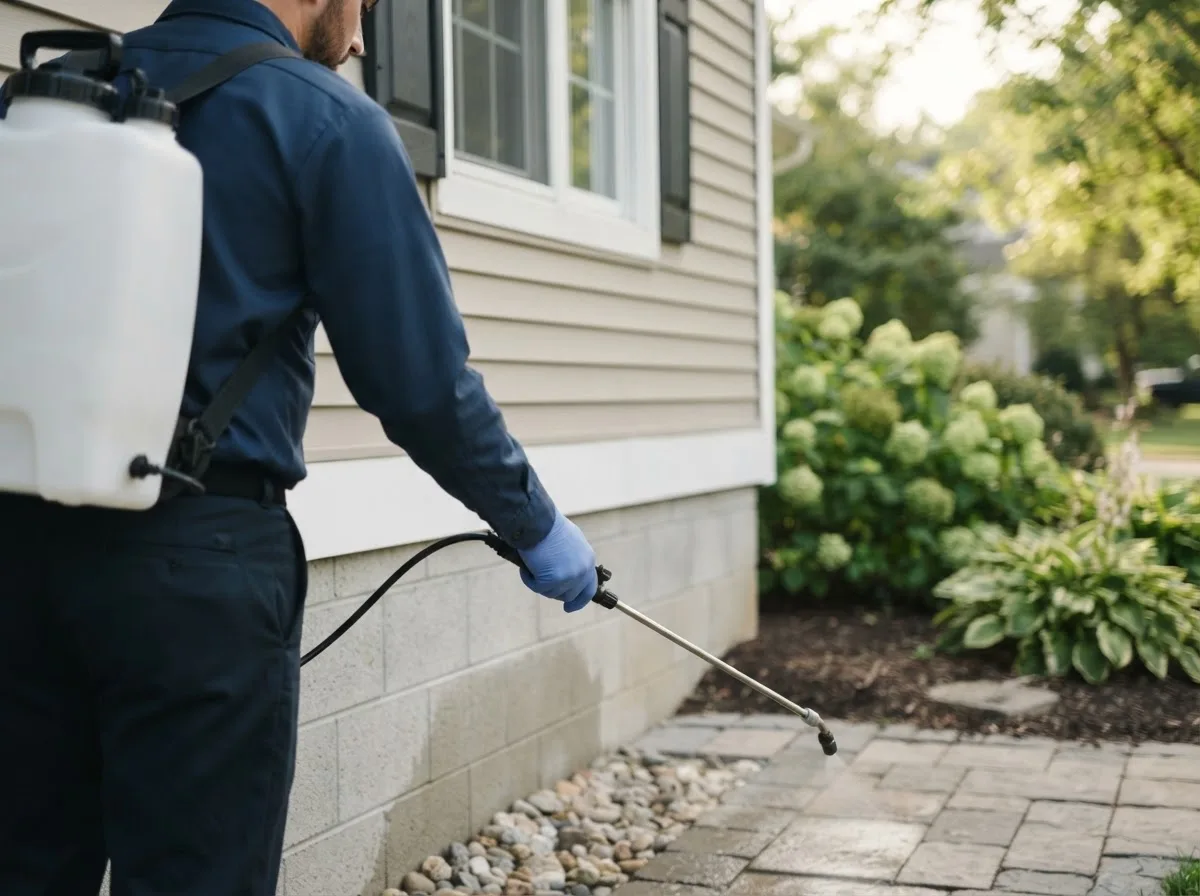 Pest control technician inspecting a home in Exchange, WV